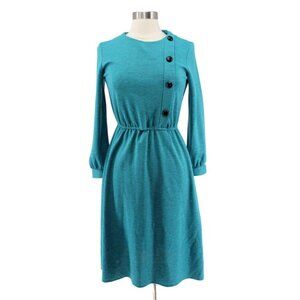 Vintage 70s Cora's Closet Turquoise Wool Elastic Waist Deco Buttons Dress Size S